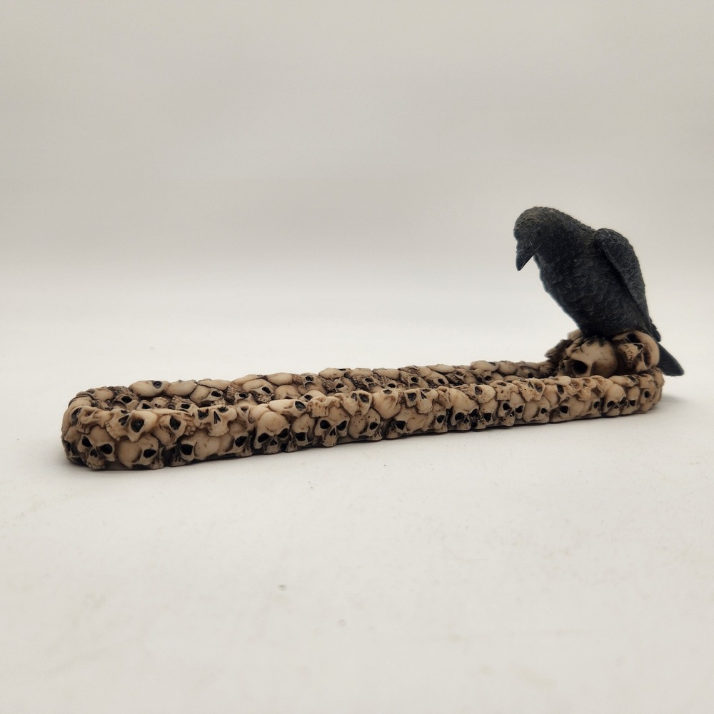 Gothic Raven Crow on Human Skulls Incense Burner Holder Resin Macabre Decor - Picture 3 of 12